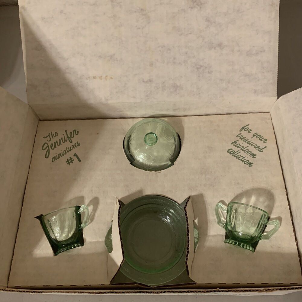 Vintage Mosser Glass Jennifer Set  #1 Green New In Box Miniature